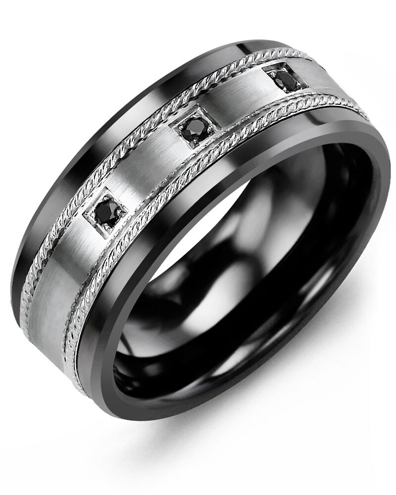 Men's & Women's Black Ceramic & White Gold + 3 Black Diamonds 0.06ct Wedding Band