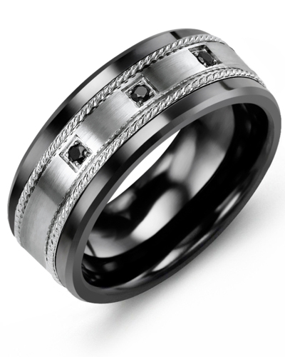 Men's & Women's Black Ceramic & White Gold + 3 Black Diamonds 0.06ct Wedding Band