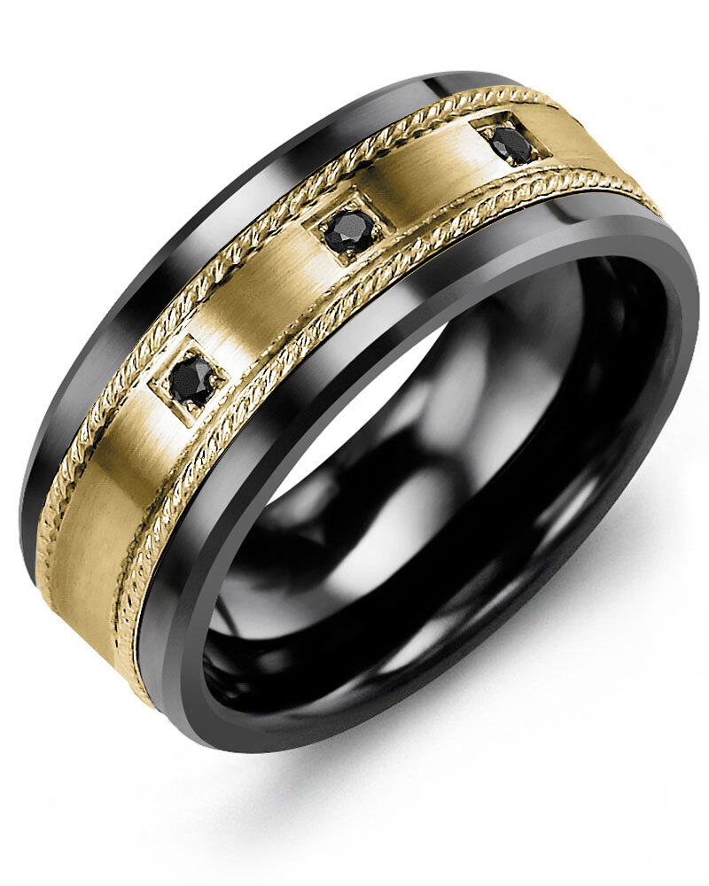 Men's & Women's Black Ceramic & Yellow Gold + 3 Black Diamonds 0.06ct Wedding Band from MADANI Rings. Wedding bands, fashion rings, promise rings, made of Tungsten, Ceramic, Cobalt, and Gold. View the collection at madanirings.com