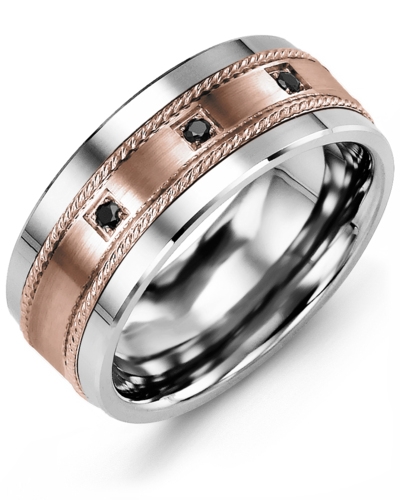 Men's & Women's Tungsten & Rose Gold + 3 Black Diamonds 0.06ct Wedding Band