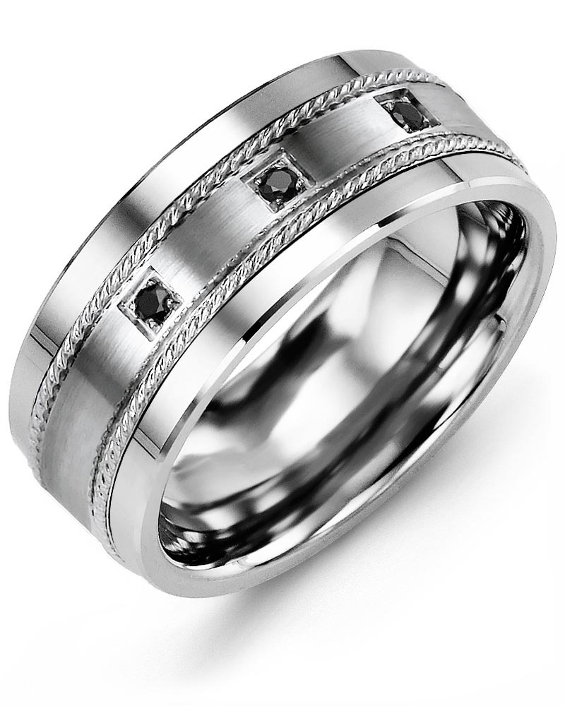Men's & Women's Tungsten & White Gold + 3 Black Diamonds 0.06ct Wedding Band