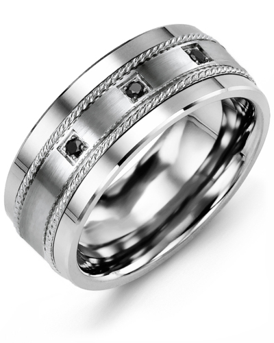 Men's & Women's Cobalt & White Gold + 3 Black Diamonds 0.06ct Wedding Band