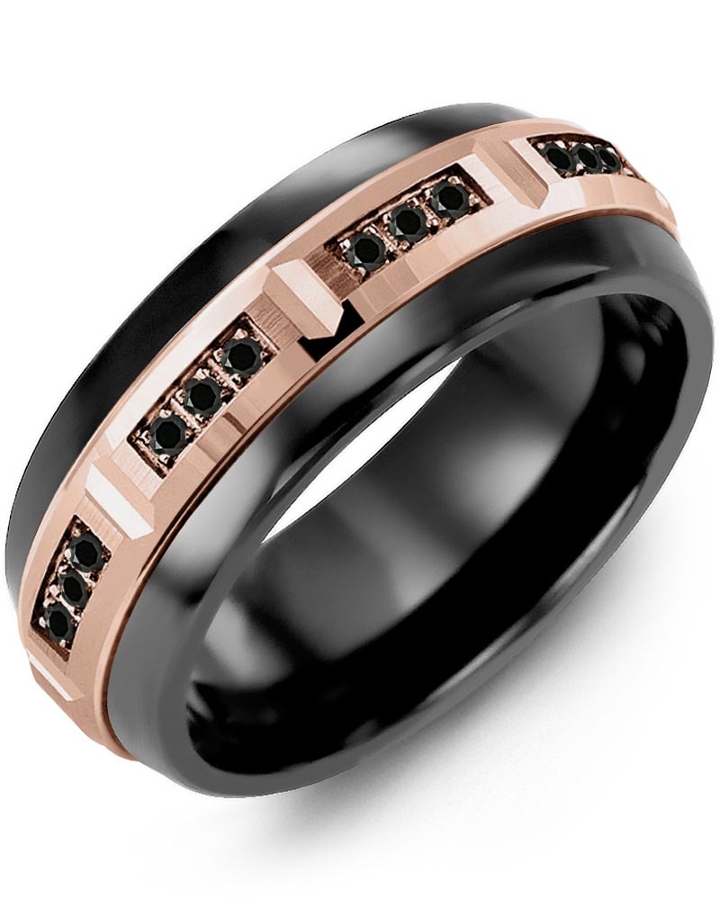 Men's & Women's Black Ceramic Half Round & Rose Gold + 12 Black Diamonds 0.12ct Wedding Band from MADANI Rings. Wedding bands, fashion rings, promise rings, made of Tungsten, Ceramic, Cobalt, and Gold. View the collection at madanirings.com