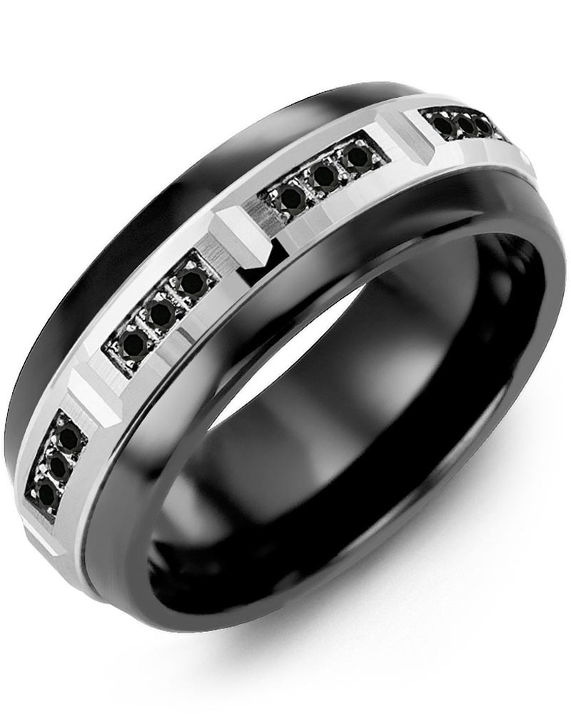 Men's & Women's Black Ceramic Half Round & White Gold + 12 Black Diamonds 0.12ct Wedding Band