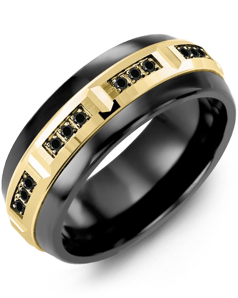 Men's & Women's Black Ceramic Half Round & Yellow Gold + 12 Black Diamonds 0.12ct Wedding Band