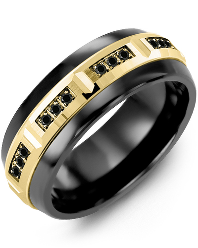 Men's & Women's Black Ceramic Half Round & Yellow Gold + 12 Black Diamonds 0.12ct Wedding Band