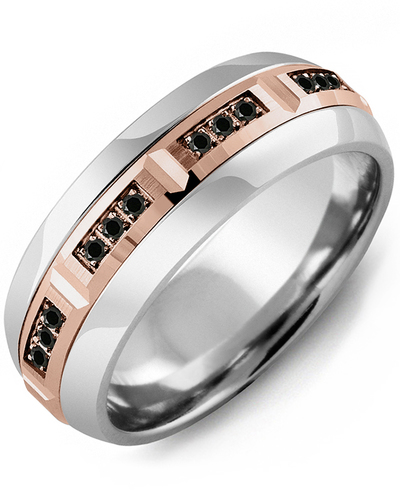 Men's & Women's Tungsten Half Round & Rose Gold + 12 Black Diamonds 0.12ct Wedding Band