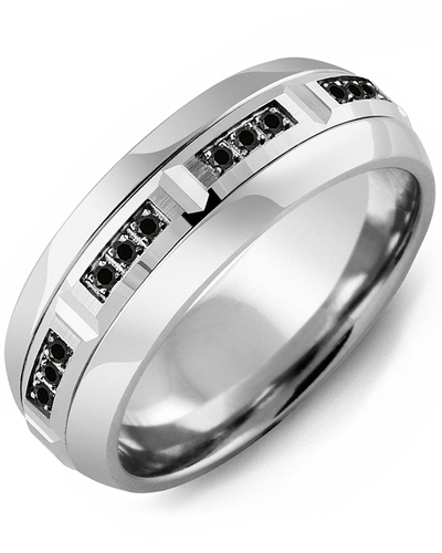 Men's & Women's Tungsten Half Round & White Gold + 12 Black Diamonds 0.12ct Wedding Band