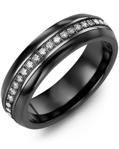 Men's & Women's Black Ceramic Half Round & Black Gold + 15 Diamonds 0.15ct Wedding Band