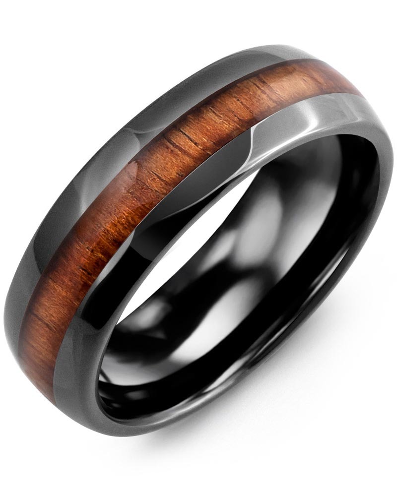 Men's & Women's Black Ceramic & Koa Wood Wedding Band from MADANI Rings. Wedding bands, fashion rings, promise rings, made of Tungsten, Ceramic, Cobalt, and Gold. View the collection at madanirings.com
