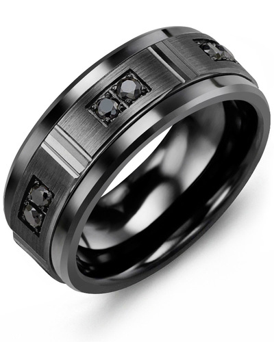 Men's & Women's Black Ceramic & Black Gold + 6 Black Diamonds 0.18ct Wedding Band