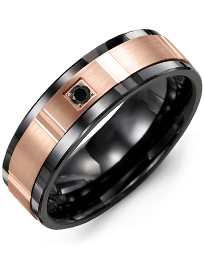 Men's & Women's Black Ceramic & Rose Gold + 1 Black Diamond 0.05ct Wedding Band from MADANI Rings. Wedding bands, fashion rings, promise rings, made of Tungsten, Ceramic, Cobalt, and Gold. View the collection at madanirings.com