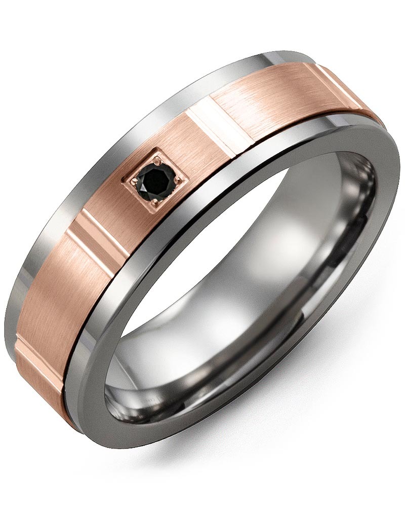 Men's & Women's Tungsten & Rose Gold + 1 Black Diamond 0.05ct Wedding Band