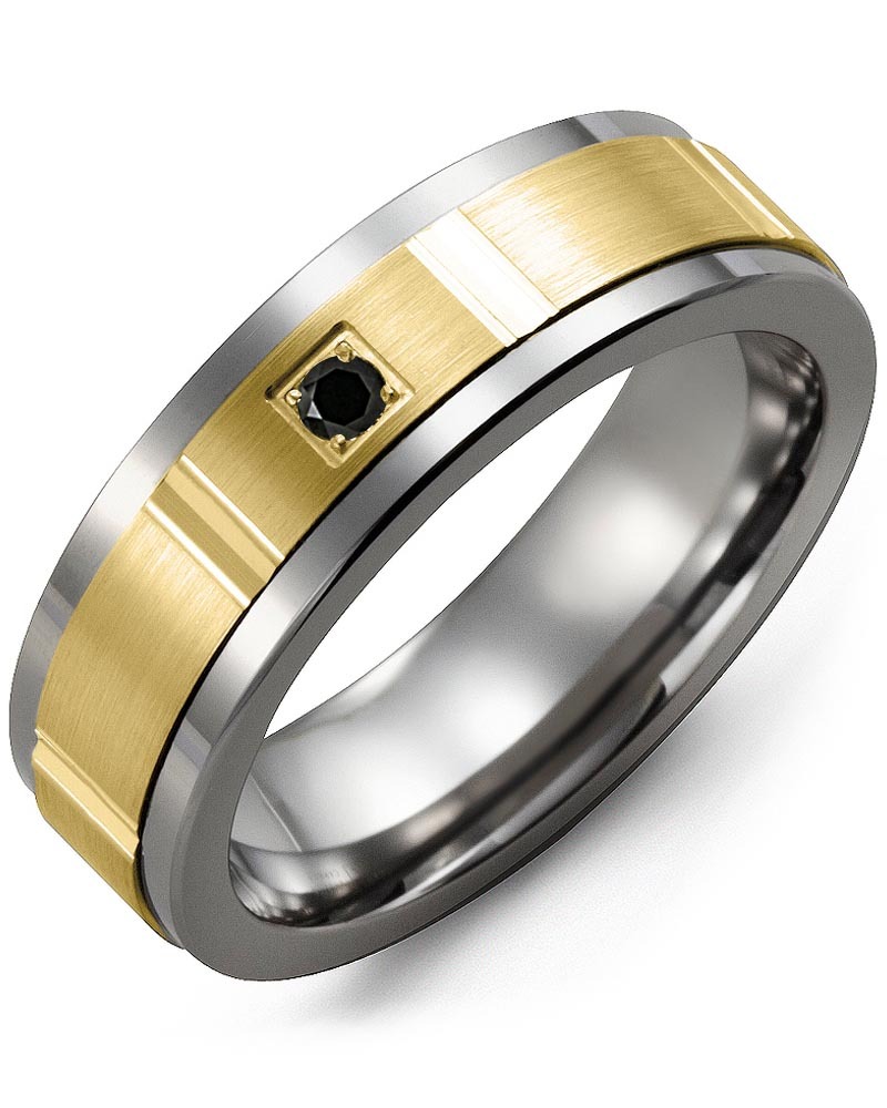 Men's & Women's Tungsten & Yellow Gold + 1 Black Diamond 0.05ct Wedding Band