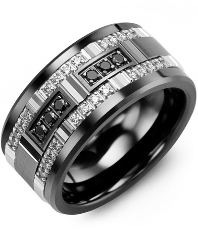 Men's & Women's Black Ceramic & White/Black Gold + 30 White Black Diamonds 0.36ct Wedding Band