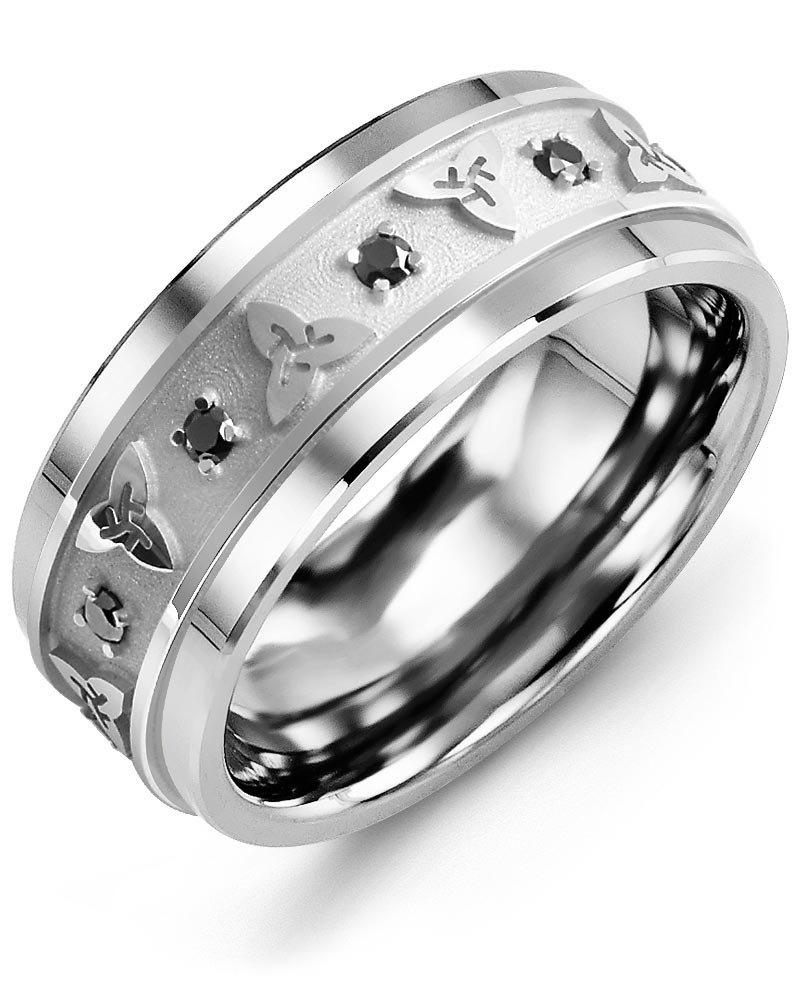 Men's & Women's Tungsten & White Gold + 8 Black Diamonds 0.16ct Wedding Band