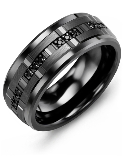 Men's & Women's Black Ceramic & Black Gold + 12 Black Diamonds 0.12ct Wedding Band
