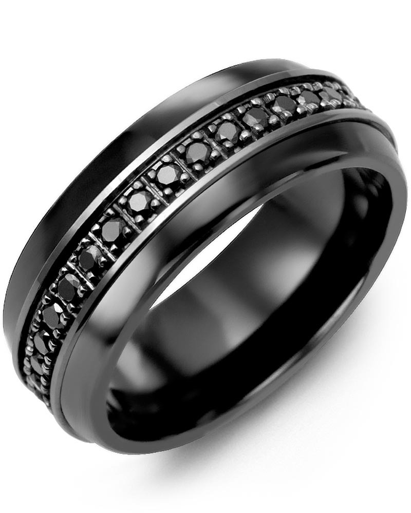 Men's & Women's Black Ceramic Half Round & Black Gold + 17 Black Diamonds 0.34ct Wedding Band from MADANI Rings. Wedding bands, fashion rings, promise rings, made of Tungsten, Ceramic, Cobalt, and Gold. View the collection at madanirings.com