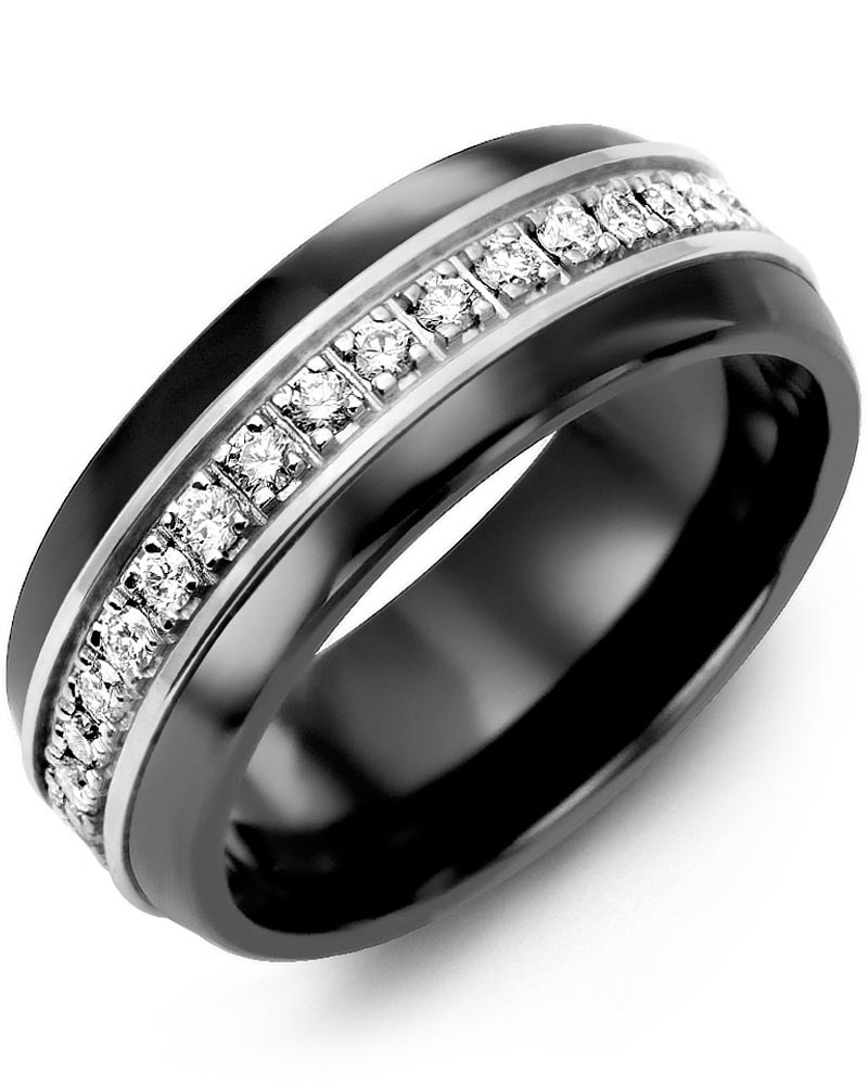 Men's & Women's Black Ceramic Half Round & White Gold + 17 Diamonds 0.34ct Wedding Band