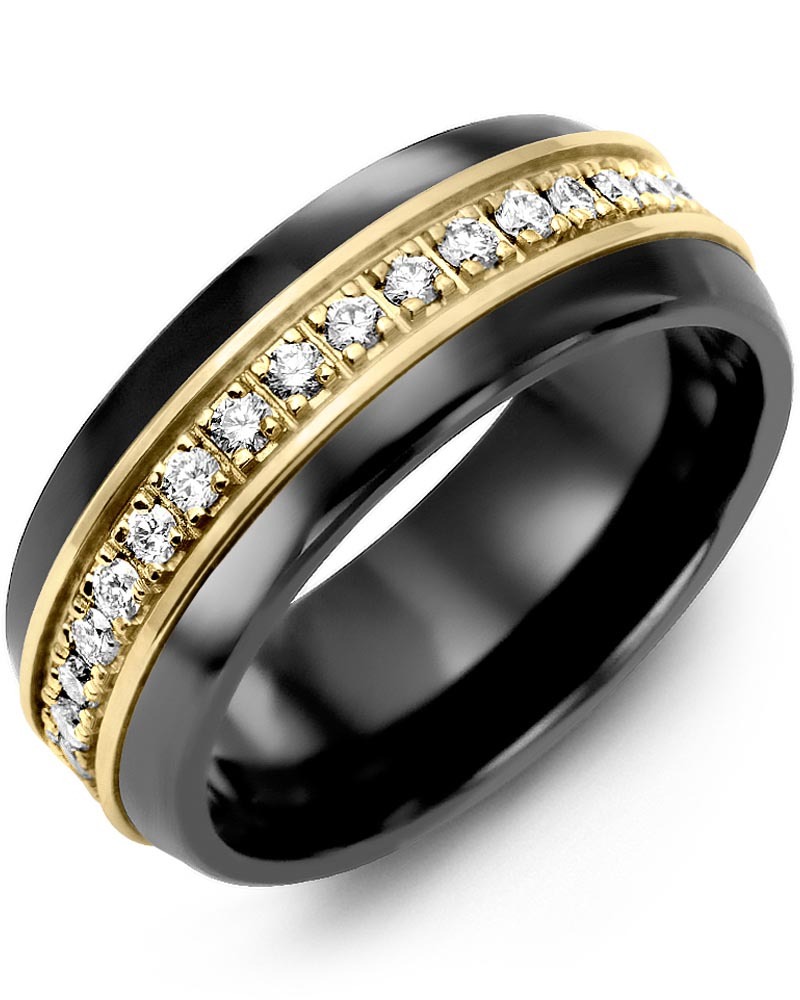 Men's & Women's Black Ceramic Half Round & Yellow Gold + 17 Diamonds 0.34ct Wedding Band from MADANI Rings. Wedding bands, fashion rings, promise rings, made of Tungsten, Ceramic, Cobalt, and Gold. View the collection at madanirings.com