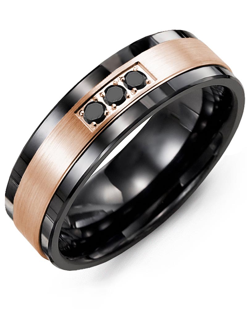 Men's & Women's Black Ceramic & Rose Gold + 3 Black Diamonds 0.06ct Wedding Band