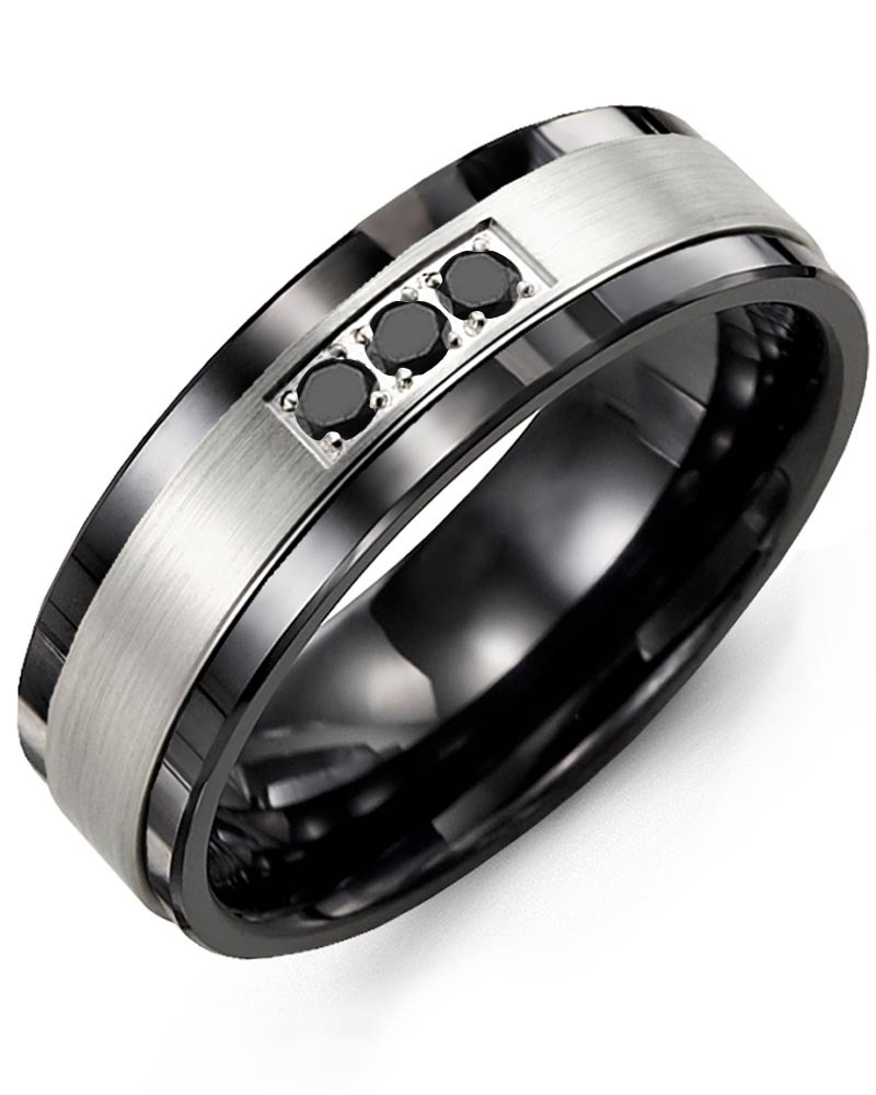 Men's & Women's Black Ceramic & White Gold + 3 Black Diamonds 0.06ct Wedding Band from MADANI Rings. Wedding bands, fashion rings, promise rings, made of Tungsten, Ceramic, Cobalt, and Gold. View the collection at madanirings.com
