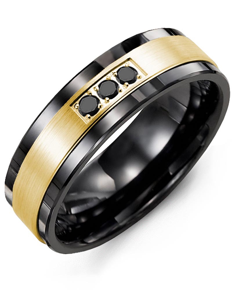 Men's & Women's Black Ceramic & Yellow Gold + 3 Black Diamonds 0.06ct Wedding Band