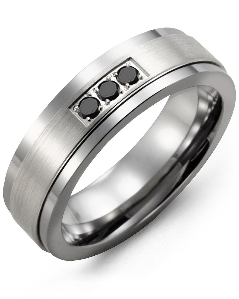 Men's & Women's Tungsten & White Gold + 3 Black Diamonds 0.06ct Wedding Band