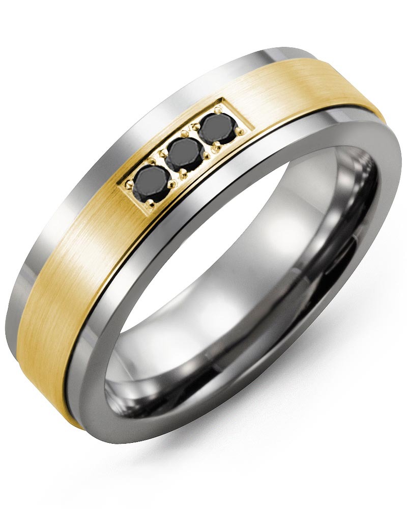 Men's & Women's Tungsten & Yellow Gold + 3 Black Diamonds 0.06ct Wedding Band