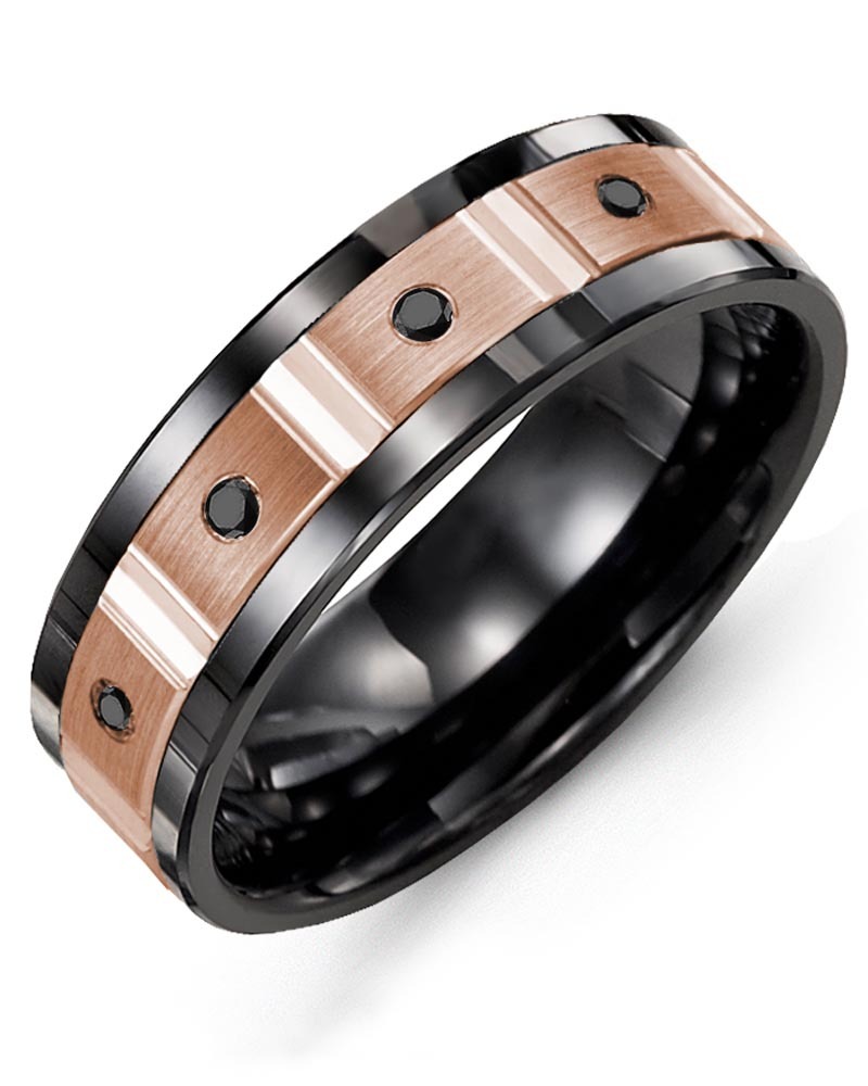 Men's & Women's Black Ceramic & Rose Gold + 4 Black Diamonds 0.08ct Wedding Band