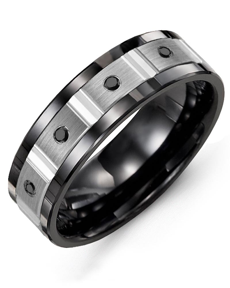 Men's & Women's Black Ceramic & White Gold + 4 Black Diamonds 0.08ct Wedding Band from MADANI Rings. Wedding bands, fashion rings, promise rings, made of Tungsten, Ceramic, Cobalt, and Gold. View the collection at madanirings.com