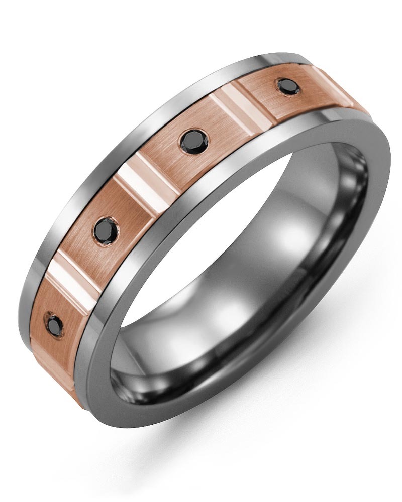 Men's & Women's Cobalt & Rose Gold + 4 Black Diamonds 0.08ct Wedding Band