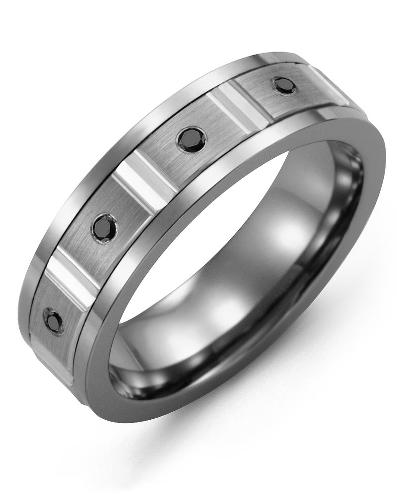 Men's & Women's Cobalt & White Gold + 4 Black Diamonds 0.08ct Wedding Band