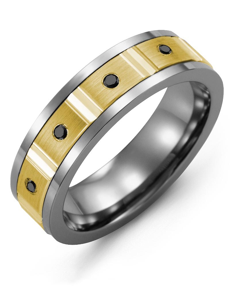 Men's & Women's Cobalt & Yellow Gold + 4 Black Diamonds 0.08ct Wedding Band