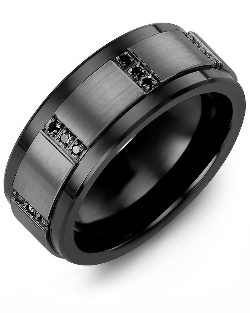 Men's & Women's Black Ceramic & Black Gold + 12 Black Diamonds 0.12ct Wedding Band