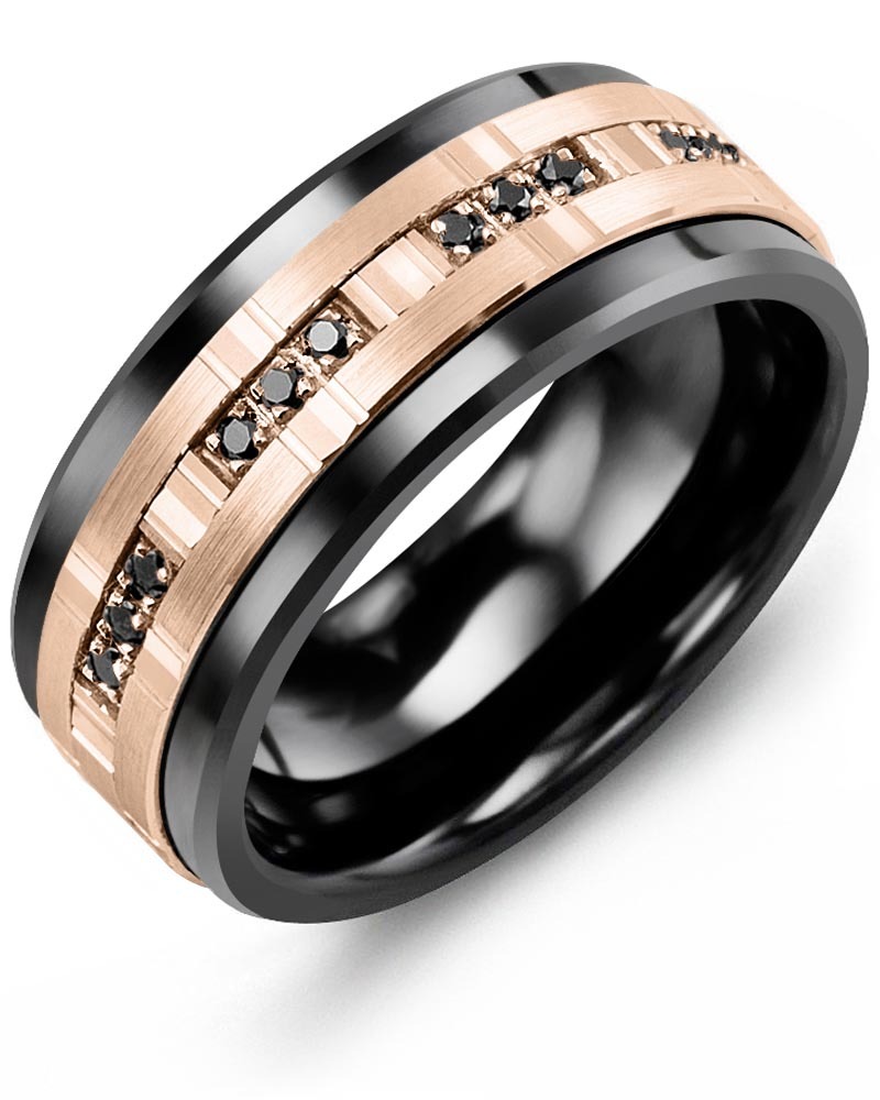 Men's & Women's Black Ceramic & Rose Gold + 12 Black Diamonds 0.12ct Wedding Band