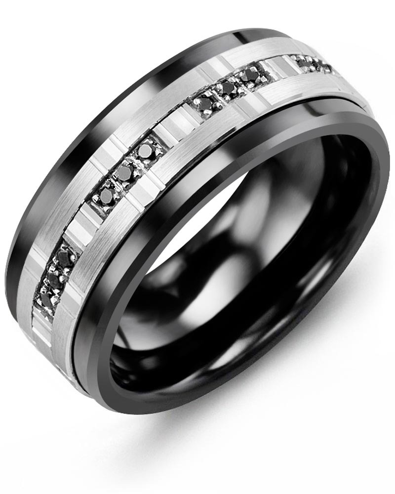 Men's & Women's Black Ceramic & White Gold + 12 Black Diamonds 0.12ct Wedding Band