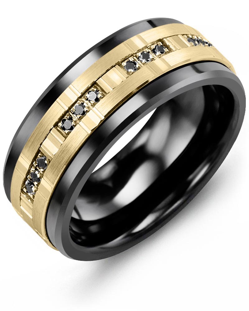 Men's & Women's Black Ceramic & Yellow Gold + 12 Black Diamonds 0.12ct Wedding Band from MADANI Rings. Wedding bands, fashion rings, promise rings, made of Tungsten, Ceramic, Cobalt, and Gold. View the collection at madanirings.com