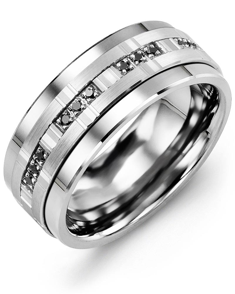 Men's & Women's Cobalt & White Gold + 12 Black Diamonds 0.12ct Wedding Band