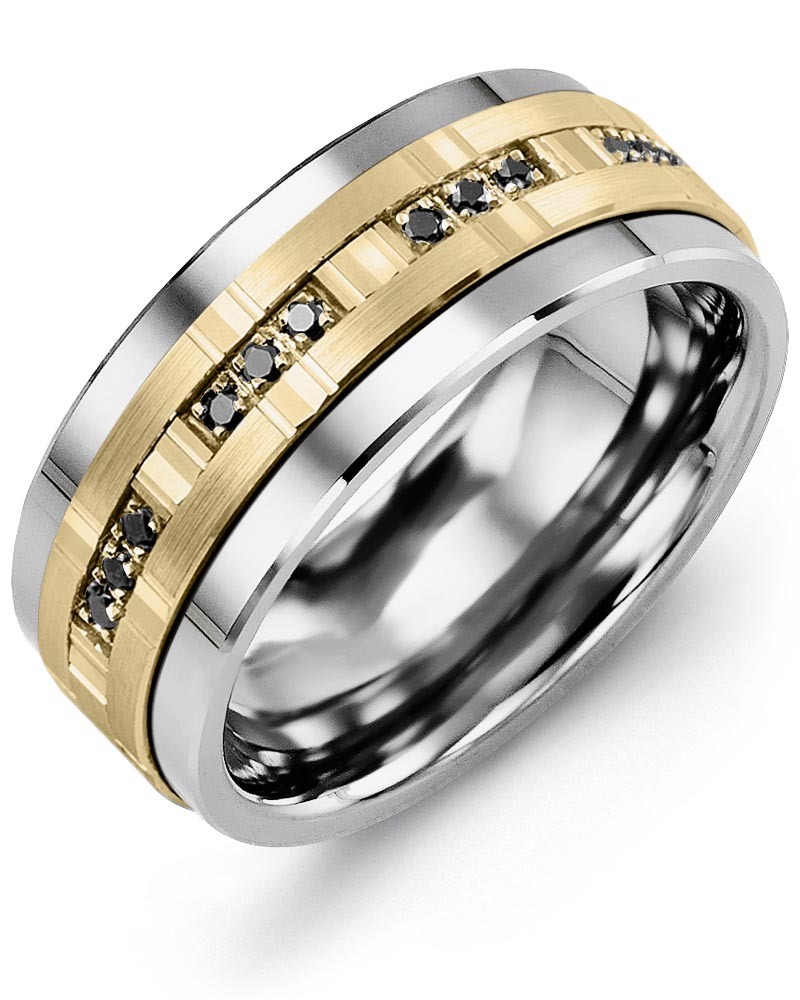 Men's & Women's Cobalt & Yellow Gold + 12 Black Diamonds 0.12ct Wedding Band