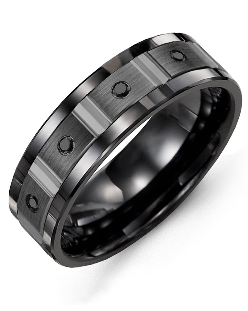 Men's & Women's Black Ceramic & Black Gold + 4 Black Diamonds 0.08ct Wedding Band