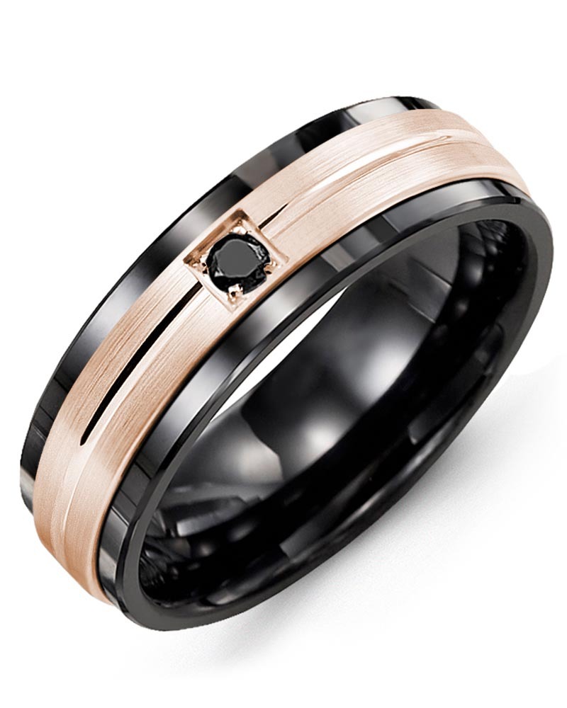 Men's & Women's Black Ceramic & Rose Gold + 1 Black Diamond 0.05ct Wedding Band