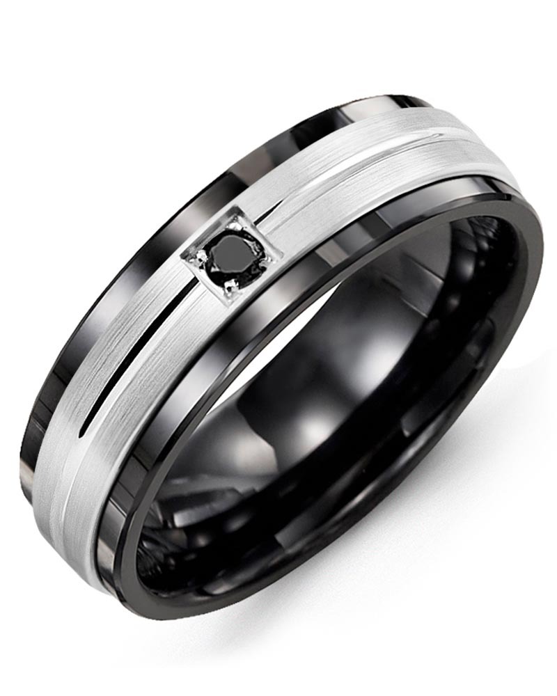 Men's & Women's Black Ceramic & White Gold + 1 Black Diamond 0.05ct Wedding Band from MADANI Rings. Wedding bands, fashion rings, promise rings, made of Tungsten, Ceramic, Cobalt, and Gold. View the collection at madanirings.com