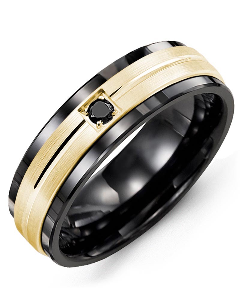 Men's & Women's Black Ceramic & Yellow Gold + 1 Black Diamond 0.05ct Wedding Band