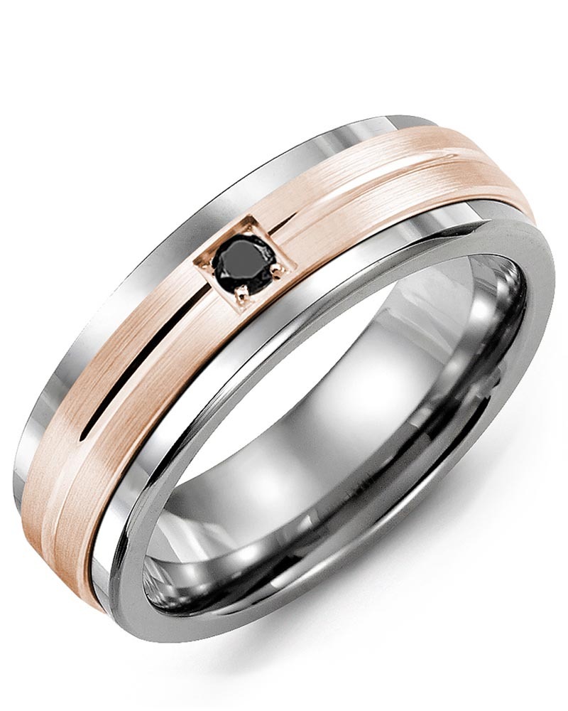 Men's & Women's Tungsten & Rose Gold + 1 Black Diamond 0.05ct Wedding Band