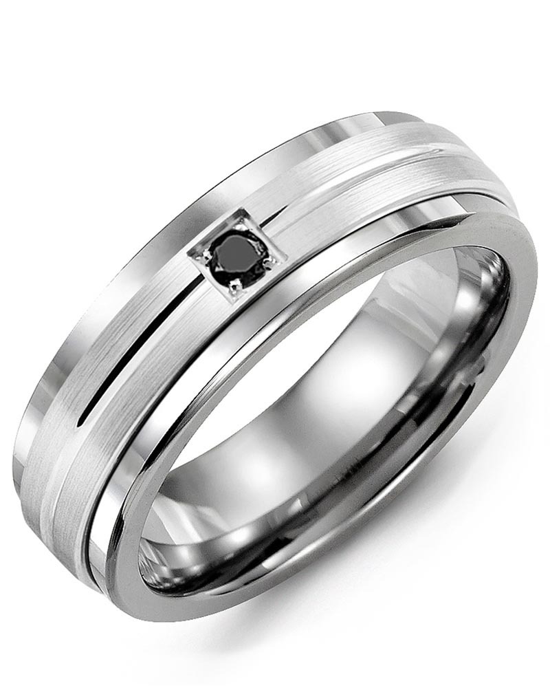 Men's & Women's Tungsten & White Gold + 1 Black Diamond 0.05ct Wedding Band
