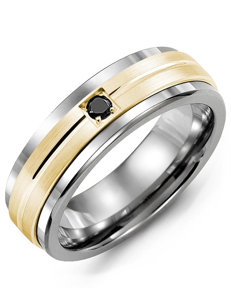 Men's & Women's Tungsten & Yellow Gold + 1 Black Diamond 0.05ct Wedding Band