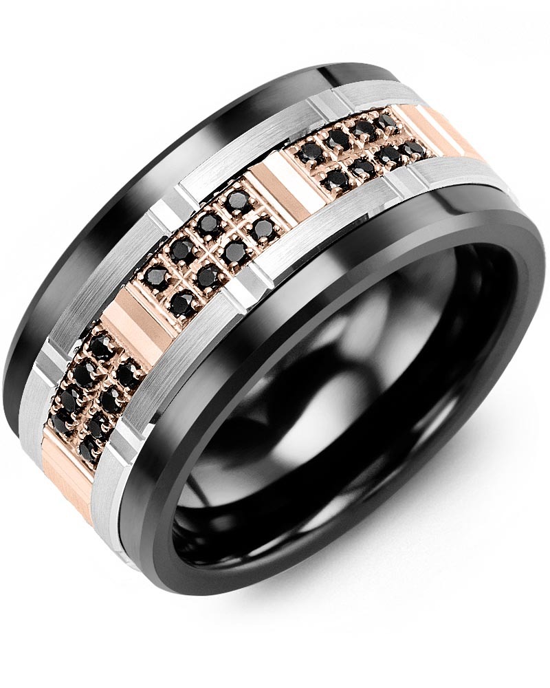 Men's & Women's Black Ceramic & White/Rose Gold + 24 Black Diamonds 0.24ct Wedding Band from MADANI Rings. Wedding bands, fashion rings, promise rings, made of Tungsten, Ceramic, Cobalt, and Gold. View the collection at madanirings.com