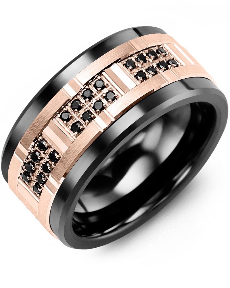 Men's & Women's Black Ceramic & Rose Gold + 24 Black Diamonds 0.24ct Wedding Band