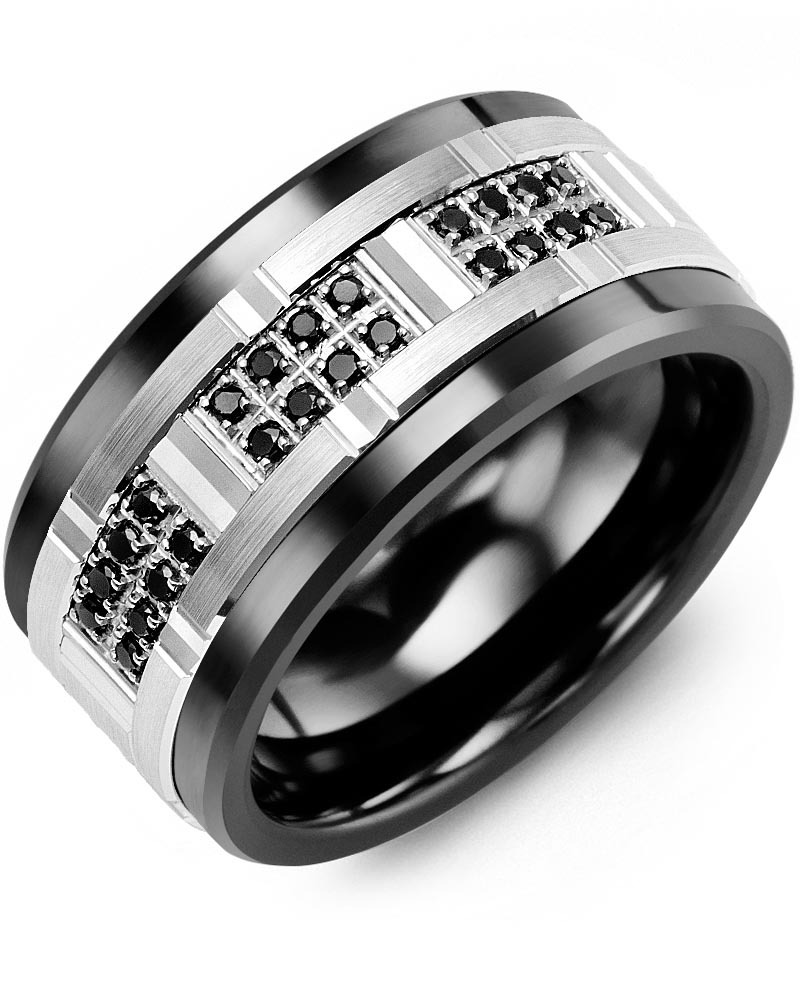 Men's & Women's Black Ceramic & White Gold + 24 Black Diamonds 0.24ct Wedding Band